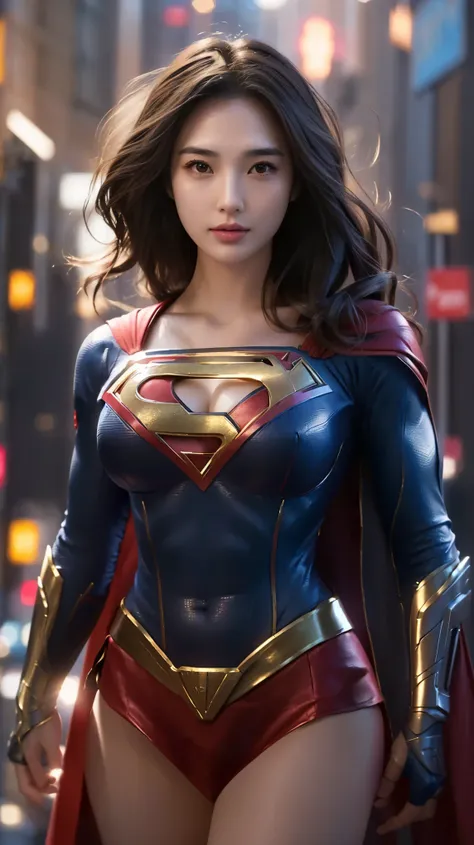 Beautifull girl korean in a supergirl suit standing in a city, gal gadot as supergirl, hybrid of gal gadot, gal gadot as hell lord, supergirl, sexy painting of gal gadot, curvy body, Big breasts, with long hair black and a gold chest, 8k artgerm bokeh, by ...