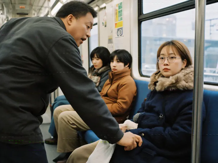 ((masterpiece))、 (( top quality ))、Japan、wide shot、 Aggressive Atmosphere 、subway、 in the train、Full seat 、Fully booked、 A fat middle-aged woman wearing glasses is sitting in a seat、Unsatisfied Emotions、The man standing across from him is yelling at the wo...