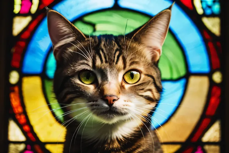 a close up of a cat in a  Stained Glass  window,  Stained Glass  art, masterpiece  Stained Glass , cat,  Stained Glass  style, a  catの絵,  Stained Glass ,  Stained Glass !!,  Stained Glass , on a  Stained Glass  window, in a  catの絵, maxim verehin  Stained G...