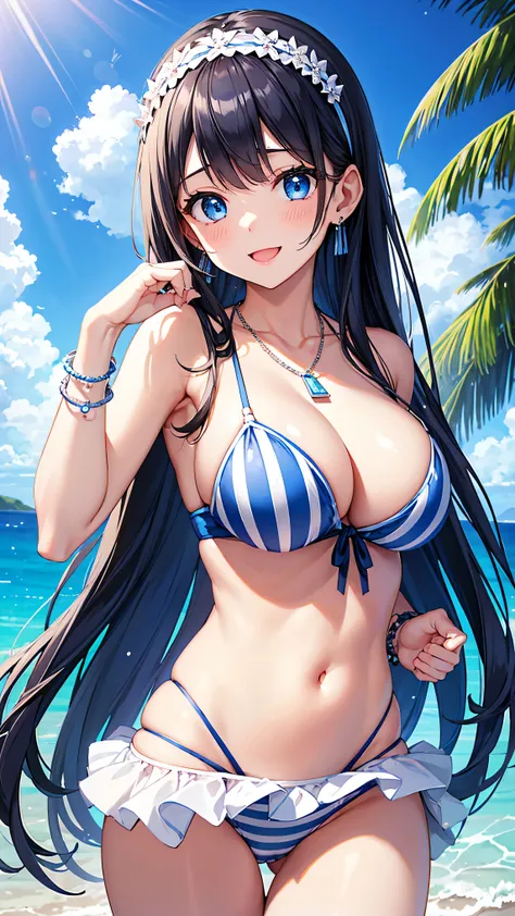 highest quality、highest quality、masterpiece、beautiful girl、Navy blue long hair、blue eyes、Sexy White Bikini(Dark stripes)、Big cleavage、(Big Breasts)、smile、blue necklace、Blue Earrings、background(Beach)、Please open your mouth wide、White headband、bracelet、Dyna...