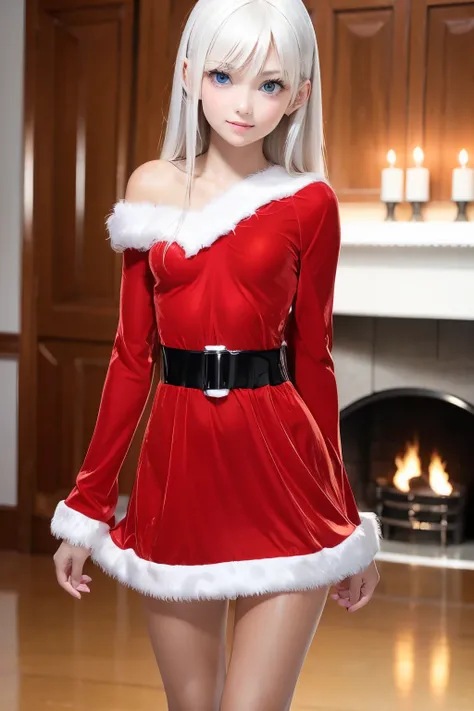 masterpiece, top quality , very detailed,photo realistic , realistic ,  Ultra High Resolution,  Masterpiece , pretty girl, teenager,White Hair, Straight Hair , perfect eyes, VERY CUTE ,slender, small breasts,Slim waist,smile,red Santa Claus costume,firepla...