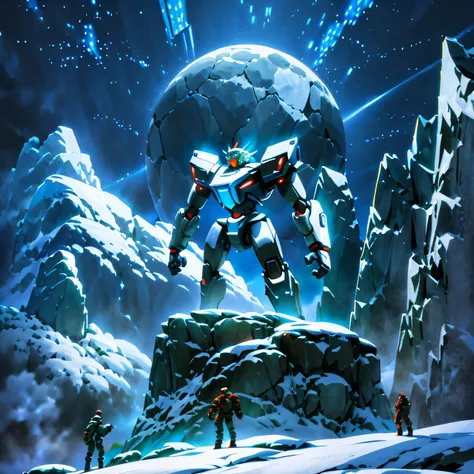 mecha robots rampage Standing on the top of a high snowy mountain, look from afar . The image, a vividly detailed digital artwork. robot is intricately designed, with sleek metallic frames gleaming under the moon. beautiful background, majestic nature scen...