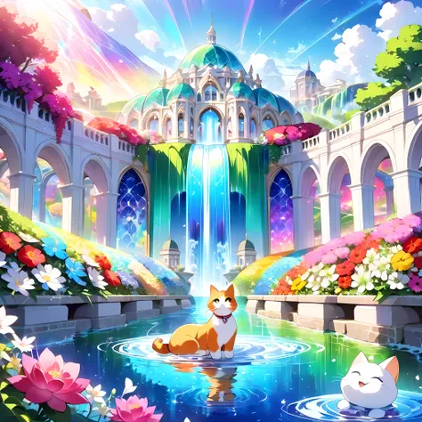 ((( domed roofs in the foreground))),(((Soul Love ))),(( top quality,masterpiece:1.5)),((Tartarian style )),((Waterfall flowing from a viaduct )),((Emerald City )),(( Overall Bluish )),( large colorful photons :1.5),( Splendid flowers in the foreground ),(...