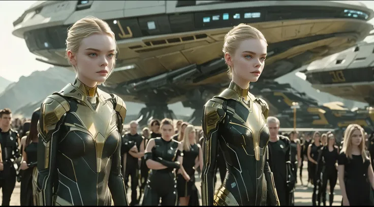 two women in black and gold outfits standing in front of a large group of people, beautiful sci - fi twins, elle fanning as an android, sci-fi movie still, epic scifi movie still, an epic scifi movie still, in a scifi movie, 