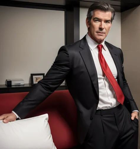 30 year old handsome , One Man,、  muscular、 Pierce Brosnan。  black shirt  , red tie、  black slim pants 、  black hair、Short Hair　、office、sofa、　 without standing、  black shirt 、 red tie、  black slim pants 、  upper body lift with an emphasis on facial express...