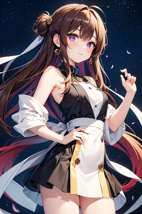 
An anime-style girl  has medium hair hair with sideburns and sauvage.
She has medium hair hair with sideburns and sauvage,wears moon-shaped earrings, flowing brown hair and violet eyes,White, Slender Legs and a Slim Waist  .

Hajime Chu-kun and Chu I Will...