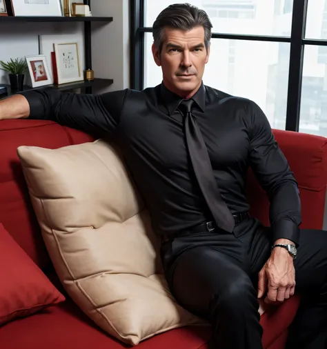  30 year old handsome, One Man,、  muscular、 Pierce Brosnan。  black shirt , red tie、  black slim pants 、Short Hair、office、 sits on the sofa、  black shirt、 red tie、  black slim pants 、  upper body lift with an emphasis on facial expression　Pierce Brosnan　fro...