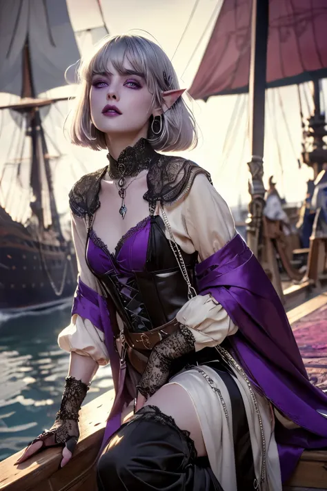 (Ultra-detailed face, Looking away, Fantasy Illustration with Gothic. Dark tone colors.), BREAK 
(A young dark elf, a young incorrigible, thrusts with her rapier on the deck of a 15th-century European-style sailing ship. Around her, a group of thuggish men...