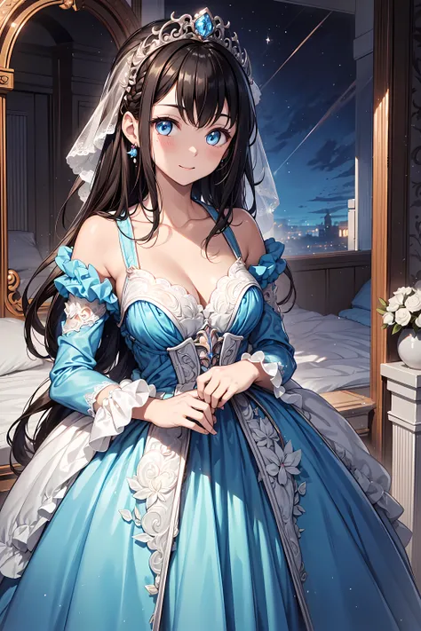   girl ，obsessed，   Have Fun   ，in love，( 混沌的princess裙，princess)， brunette ，  special hairstyle，  blue eyes， Translucent clothing，Exquisite hair accessories，   transparent lace   ，Sky blue pattern，night，   Delicate Garments ，bedroom，  Unique  ，night， Carve...