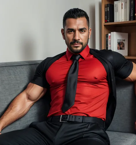  40 year old handsome, One Man,、  muscular、 Hector Ugarte 。  black shirt , red tie、  black slim pants 、Short Hair、office、 sits on the sofa、  black shirt、 red tie、  black slim pants 、  upper body lift with an emphasis on facial expression　Hector Ugarte 　fro...