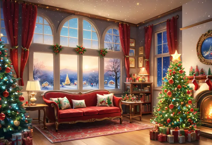 christmas scene,  painting by senior artist ,  shutterstock,  art, Christmas night,  Holiday Season , 8k)),  pers with decor, 8K Yen, 8k,  artwork,  Thomas Kinkade. cute  pers with decor room, Foreground and Background 