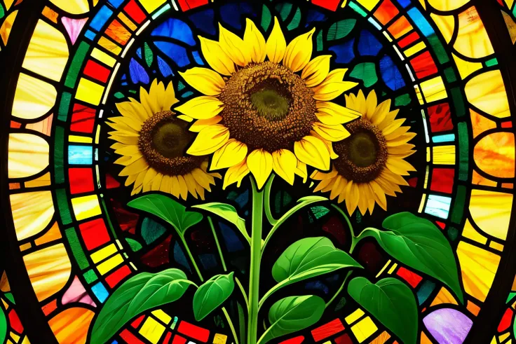 a painting of Sunflower  in a stained glass window, sunflower stained glass,  Stained Glass Art, crystallic Sunflower , Sunflower , colors : yellow Sunflower , colors: yellow Sunflower ,  stained glass style,   Maxim Verehin stained glass mosaic ,  Vector ...