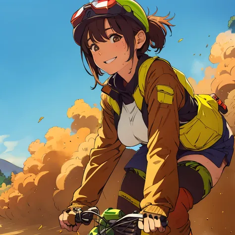 (The_shading),
One girl,Flying Goggles,Ride the Motobi (MTB Umuk),smile,Dirt roads,Dust,
Breaking the masterpiece,Highest quality,