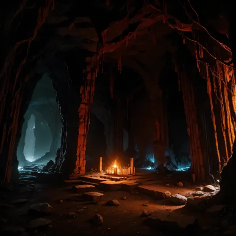  The Fire Twilight Cave 1600 x 800 pixels ,  A time-worn stone structure , covered by moss and vines . Inside,  there is a broken altar and marks on the floor that indicate recent rituals .  A red glow emanating from a fissure in the floor reveals scattere...