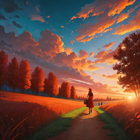 A countryside path under a vibrant red-orange sky, surrounded by tall grass swaying gently in the wind. A woman walks away from the viewer, her figure small against the vast horizon. She clutches a red envelope, its color striking against the natural tones...