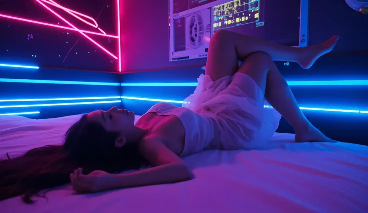 Provide a dark backdrop with colorful neon lighting, using colors like electric blue, purple, and hot pink. Add visual patterns like laser stripes, glowing particles, and futuristic glitch effects. Make sure the lighting looks dramatic, with prominent shad...