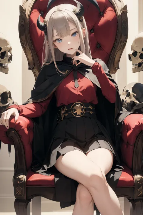 masterpiece,(1girl,Age 15,petites),pale skin, bangs,nsfw, small breasts,Cape、（Demon King、Demon World、Mansion、Demon Kingの椅子、 chair with skull decoration、large backrest chair 、Sitting on the throne）、 skirt、 crosses legs、Condescending expression、Marble backgr...