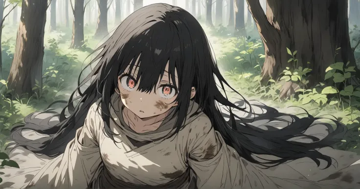 forest　 Girl with Long Black Hair　 one eye is hidden　 skirt with open pupils 　Tattered and dirty clothes　The characters whole body is shown　anime