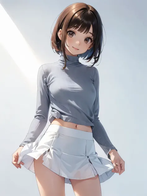  girl,  slim,  blue-white skin, Anime visual of a cute girl with pastel brown eyes , Freckles, Short bangs, Low Ban,  beautiful, Tiny, flat,  soft, delicate,  playful , smile, wind, Lift up your dress, Showing her white underwear,  sexy,,(( miniskirt:1.2))...