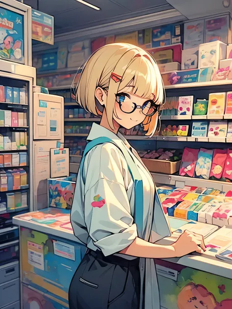 sideview,Alone, upperbody ,blonde pixie cut,(blunt bangs),glasses, cute face、Fancy、 pretty girl、Convenience store clerk clothes 、Inside a convenience store、register、 checkout counter、 bright interior、smile、Seven-Eleven,painting:1.2、watercolor:1.2, The Art ...