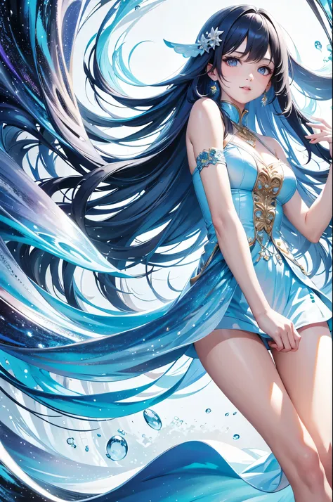 (masterpiece、top-quality、top-quality、Official art、Beautifully Aesthetic:1.2)、(1girl in)、ighly detailed、(Fractal Art:1.3)、colourfull、highestdetailed、dynamic compositions、Poses in motion, aqua theme, galaxy