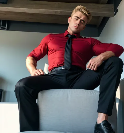 40 years old, One Man,、  muscular、James Dean。  black shirt , red tie、  black slim pants 、 Blonde、Short Hair　、office、sofa、　 without standing、  black shirt、 red tie、  black slim pants 　View from below、  upper body lift with an emphasis on facial expression、 ...