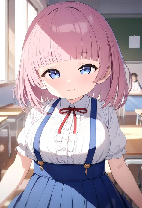ultra-detailed, (1 person, , Petite body, , loli:1.5), ( white blouse, blue suspender skirt, red chest ribbon :1.3), (Baby Face, with young face, innocent smile, Beautiful light blue eyes:1.2), (blunt bangs, bob hair, pink hair:1.1), ( very big brea...