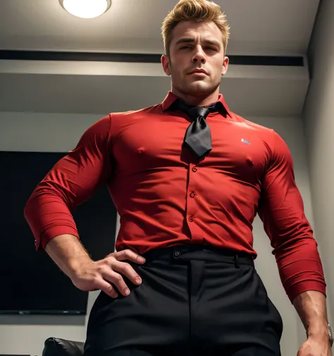 40 years old, One Man,、  muscular、James Dean。  black shirt , red tie、  black slim pants 、 Blonde、Short Hair　、office、sofa、　 without standing、  black shirt、 red tie、  black slim pants 　View from below、  upper body lift with an emphasis on facial expression、 ...