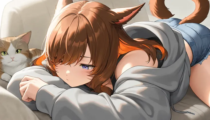 masterpiece,1girl, colored inner hair Brown hair orange hair, cat_ears, gray oversized hoodie,  inner tank top , Hair on one eye, Long hair tips, Miqote, damage short denim