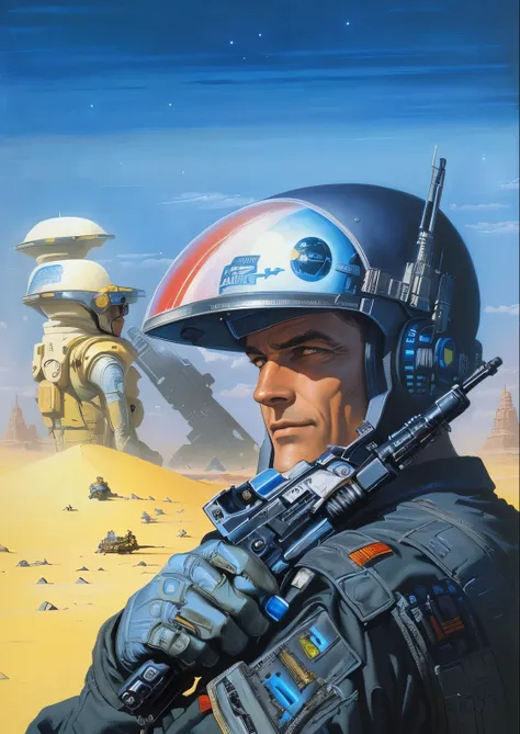 painting of a man in a space suit holding a gun, retro sci - fi art, pulp scifi illustration, frank kelly freas, detailed painting of dune movie, style of jim burns, 7 0 s sci - fi art, vintage sci - fi art, inspired by Kelly Freas, science fiction paintin...