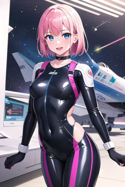 1girl,Samus aran,solo,blue eyes, pink hair, forehead hair, Rainbow glossy rubber suit, white sneakers, silver holographic backpack, short pixie haircut, bold red lipstick, silver choker necklace, chastity belt , playful and confident pose, bright and cheer...