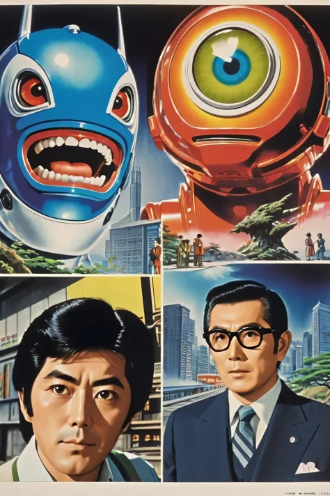 Manga characters, 1970s comic art , 1970s Japanese TV show monster, detailed Digital Paint, bright color, dynamic composition , Dramatic lighting, vintage aesthetics , ( top quality,4K,8k, high definition ,masterpiece:1...