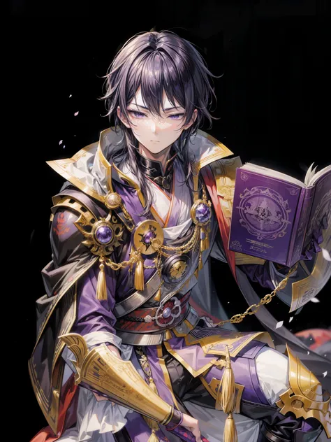 anime, best quality, extremely detailed, masterpiece, ultra high res, photo realistic, adult man, samurai, no expression, ikemen, black armor, (purple cloak:1.2), 25 years old, reading book