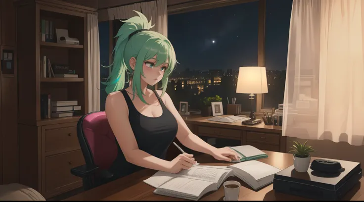 "A woman with pastel green and pink hair tied in a messy ponytail sits at her workspace, coding on a dual-monitor setup. She is wearing a black tank top and matching leggings, seated on a sleek gaming chair with pink accents. The room is dimly lit, illumin...