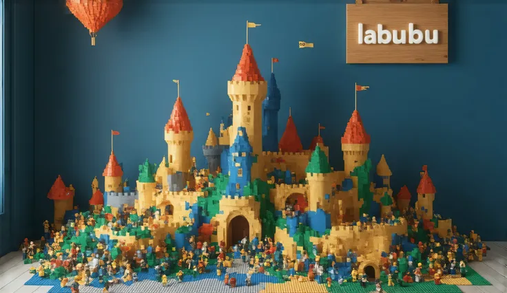 image in 3D animation, vibrant color, cute toy room, navy blue wall color, wooden board on the wall with "Labubu Lego" written in white, Lego toys appear arranged into a castle