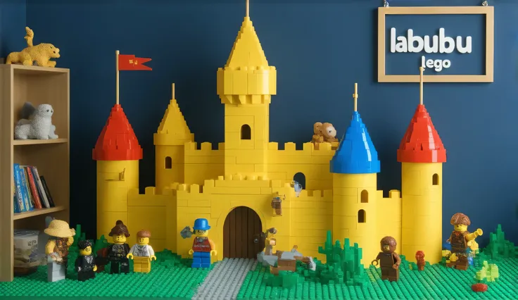 image in 3D animation, vibrant color, cute toy room, navy blue wall color, wooden board on the wall with "Labubu Lego" written in white, Lego toys appear arranged into a castle