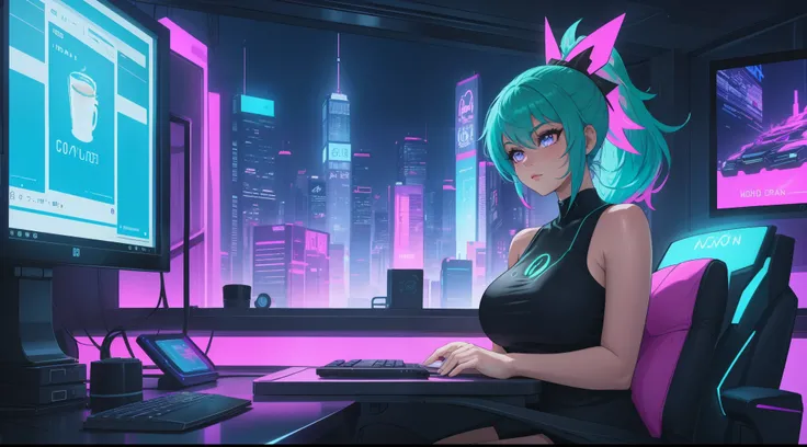 "A woman with green hair tied in a ponytail is sitting in front of a computer, her hands actively typing on the keyboard as she focuses intently on coding. She is wearing a pink tank top and black leggings, her posture relaxed yet engaged, reflecting her d...