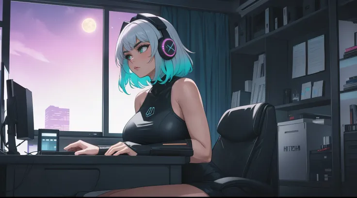 "A woman with a well-endowed figure, sitting at a modern desk with her hands poised over the keyboard, actively typing lines of code on the glowing computer screen. Her expression is one of intense concentration, her brows slightly furrowed as she focuses ...