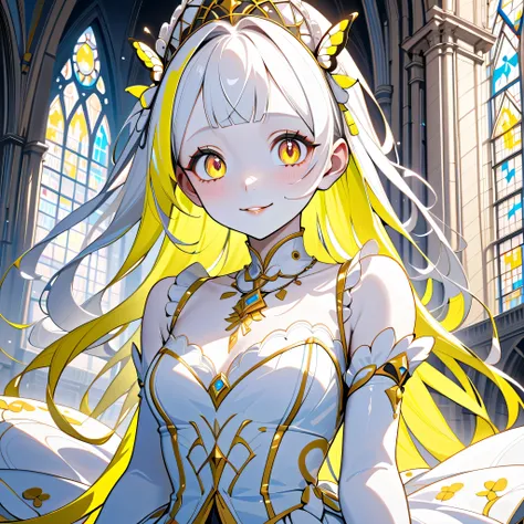 solo girl, (porcelain skin, Pure white skin, shiny skin, fluorescent shiny hair:1.3), (big eyes, embarrassed but happy), (dress made of butterflies:1.3), necklace, cathedral, (masterpiece, ultra detailed, top quality), anime, cel shading.