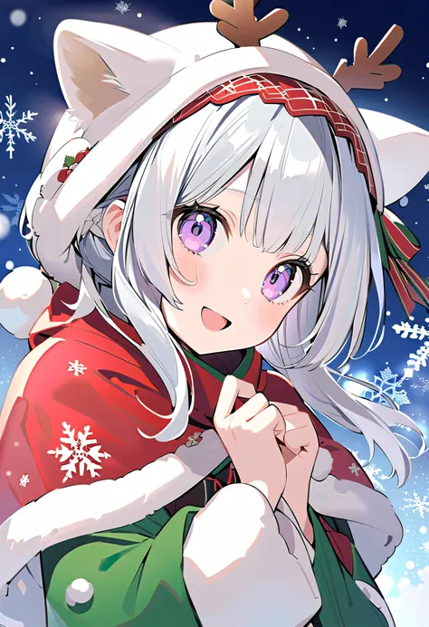 winter,smile,Dog ears girl, Silver Hair, Christmas, Christmasツリー, Snowflakes ,White Ear, Snowflakes , reindeer headband , Christmas,Santa costume