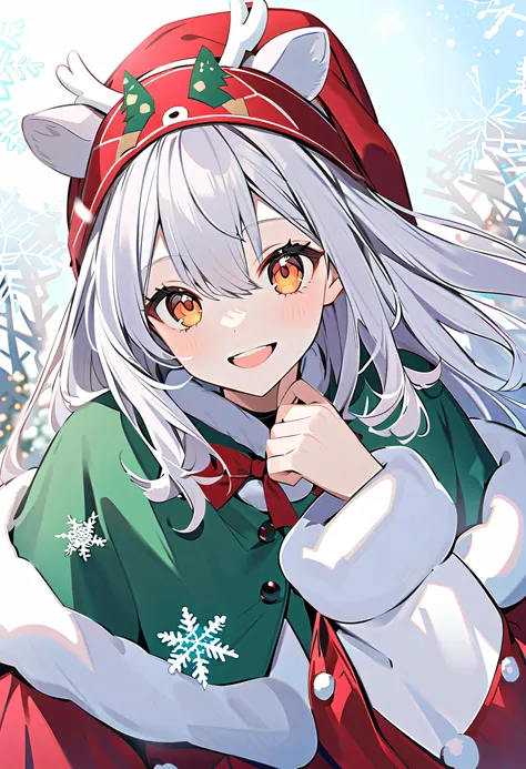 winter，smile，Dog ears girl，       Silver Hair，         Christmas，       Christmasツリー，       Snowflakes       ，White Ear，     Snowflakes     ，     reindeer headband    ，     Christmas，   Santa Costume    ， Knee，smile，My hair is dancing in the wind