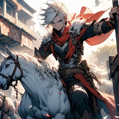 A white-haired boy floats in the air，Fight with monsters，One-handed sword，modern，ruins，China