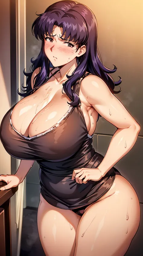 katsuragi_Misato, (Mature Woman:1.3), 45 years old, (gigantic breasts:1.5), ( apron:1.2), masterpiece, best quality, detailed face, detailed eyes,  highres icon, bathroom, Bathtub, Shower head, ( sweaty:1.1), (blush:1.2),  Embarrassing , embarrassed, blush...