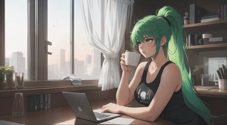 "A young woman with green hair tied in a ponytail is sitting in front of a computer screen, deeply focused on coding. The camera angle captures her from the side, showcasing her white tank top and black leggings. The desk is tidy, holding a steaming cup of...