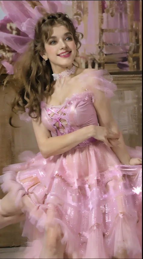 arafed woman in a pink tutu and a purple choker, wearing a pink ballroom gown, beautiful costume, wearing pink romantic tutu, pink romantic tutu, wearing a pink romantic tutu, fantasy dress, celebration costume, with intricate details, intricate costume de...