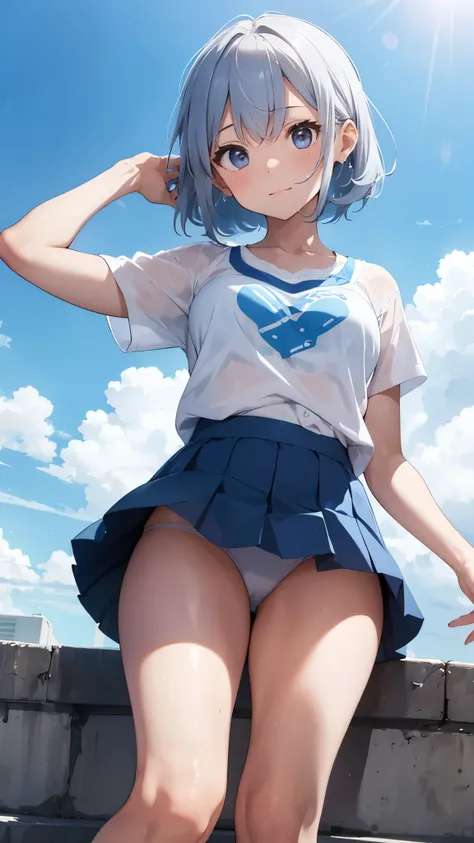 short sleeve wet white shirt、See-through bra、Blue Bra、 blue miniskirt、 lift the miniskirt with both hands、Show off your white panties 、Schoolgirl、A desert with nothing up to the horizon、blue sky and entrance clouds .