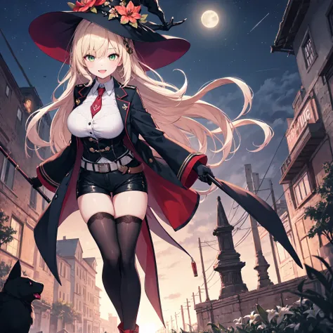 best quality, integrated scenery, integrated background, extremely delicate and beautiful, meticulous details, good composition, , cute face, perfect face, perfect hands,masterpiece, best quality, witch hat, black gloves, thighhighs, looking at viewer, smi...