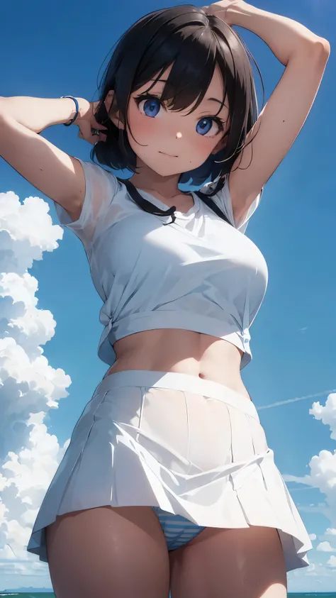 short sleeve wet white shirt、See-through bra、Blue Bra、 blue miniskirt、 lift the miniskirt with both hands、Show me a glimpse of striped bread、Schoolgirl、A desert with nothing up to the horizon、blue sky and entrance clouds .