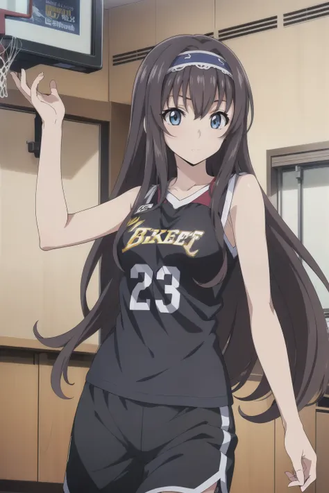 1 girl, cute, black long hair, (hair band), masterpiece, (running, dynamic movement), (basketball uniform/tank top/half pants, ball), (in front of basketball teams in the high school gym), (anime cels style, Masterpiece, best quality, high resolution, anim...