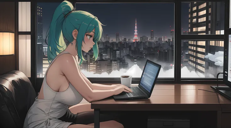 "A young woman with green hair tied in a ponytail is sitting in front of a laptop, her hands actively typing as she focuses intently on coding. The camera angle captures her from the side, showcasing her white tank top and black leggings. The desk is tidy,...